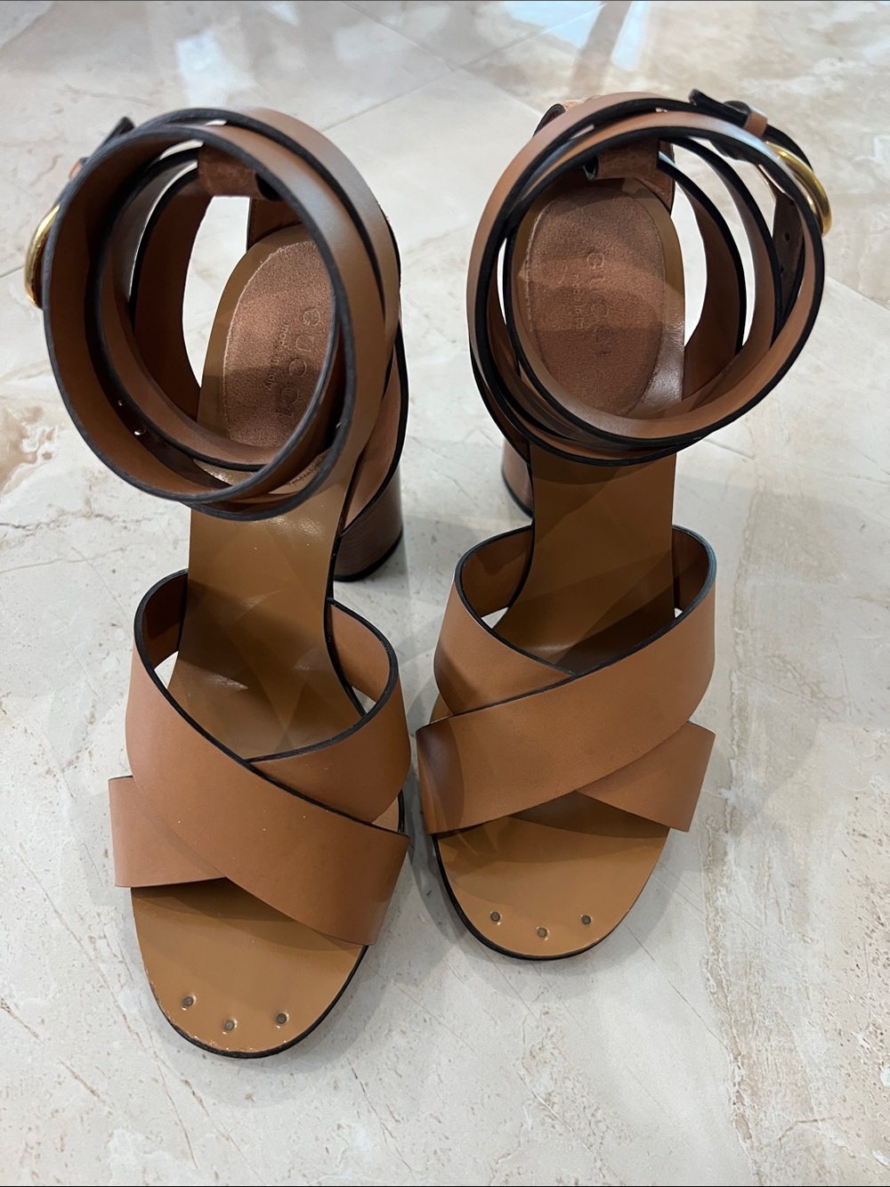 Gucci Women's Tan Leather Cross-Strap Block Heel Sandals